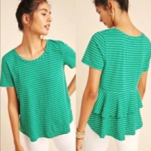 Anthropologie Green Striped Ruffle Back T-Shirt Sz XS